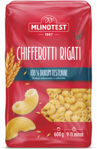 Testenine Mlinotest, polži 28, durum, Chifferott rigati, 600 g