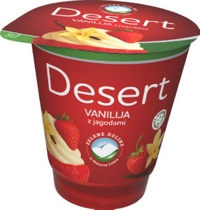 čvrsti sadni jogurt, vanilija in podložene jagode, 5,0 % m.m., zelene doline, 150 g