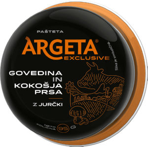 pašteta iz govedine in kokošjih prsi z jurčki, argeta exclusive, 95g