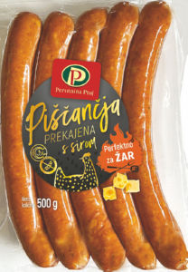 Piščančja klobasa Perutnina Ptuj, prekajena, s sirom, vak.pak., 500 g