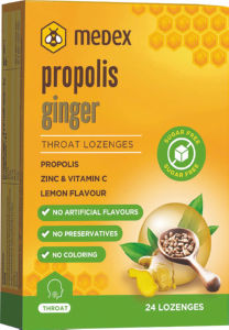 Prehransko dopolnilo Medex, propolis, ingver, okus limone, brez sladkorja, 24/1