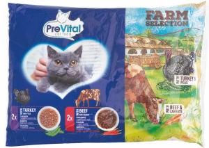 Hrana za mačke PreVital, vrečka, Farm Selection, puran, govedina, 4 x 85 g
