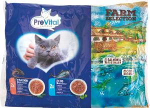 Hrana za mačke Prevital, vrečka, Farm Selection, losos, polenovko, 4 x 85 g
