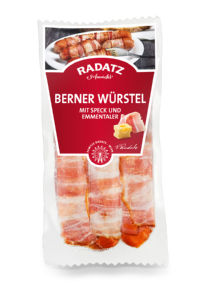 klobasa za pečenje berner, polnjena s sirom ementaler in ovita s slanino, radatz, pakirano, 300 g