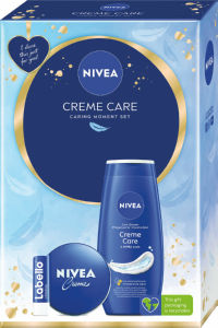 Darilni set Nivea, Creme Care, gel za prhanje, balzam za ustnice, univerzalna krema